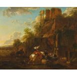DUTCH MASTER17th / 18th C.Title: Italian Shepherds with their Animals in front of Old Ruins.