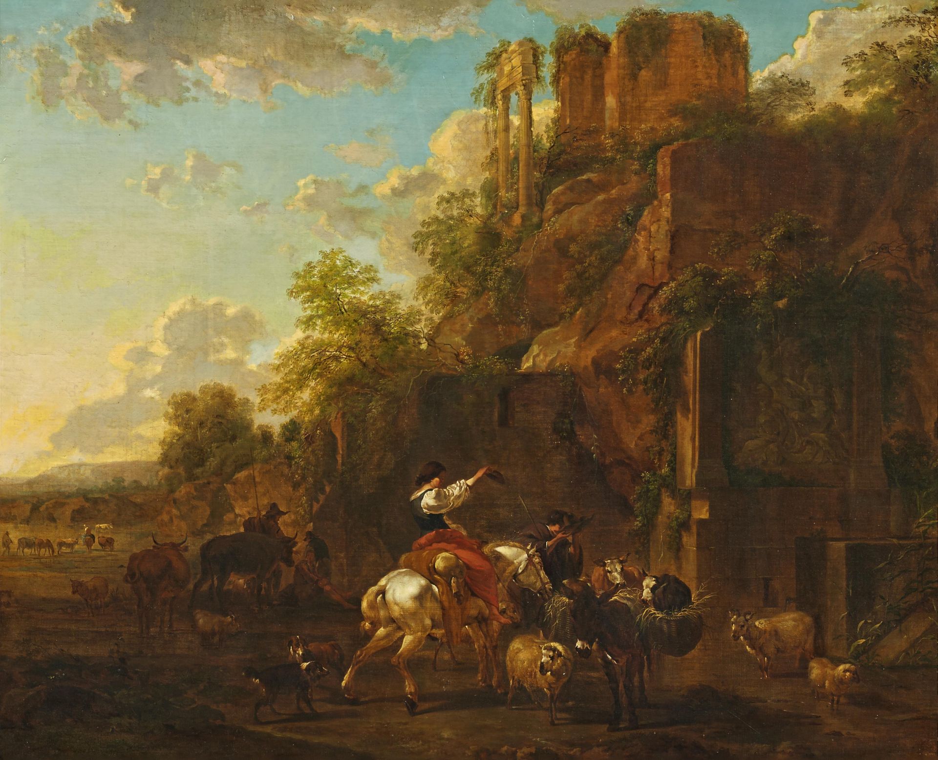 DUTCH MASTER17th / 18th C.Title: Italian Shepherds with their Animals in front of Old Ruins.