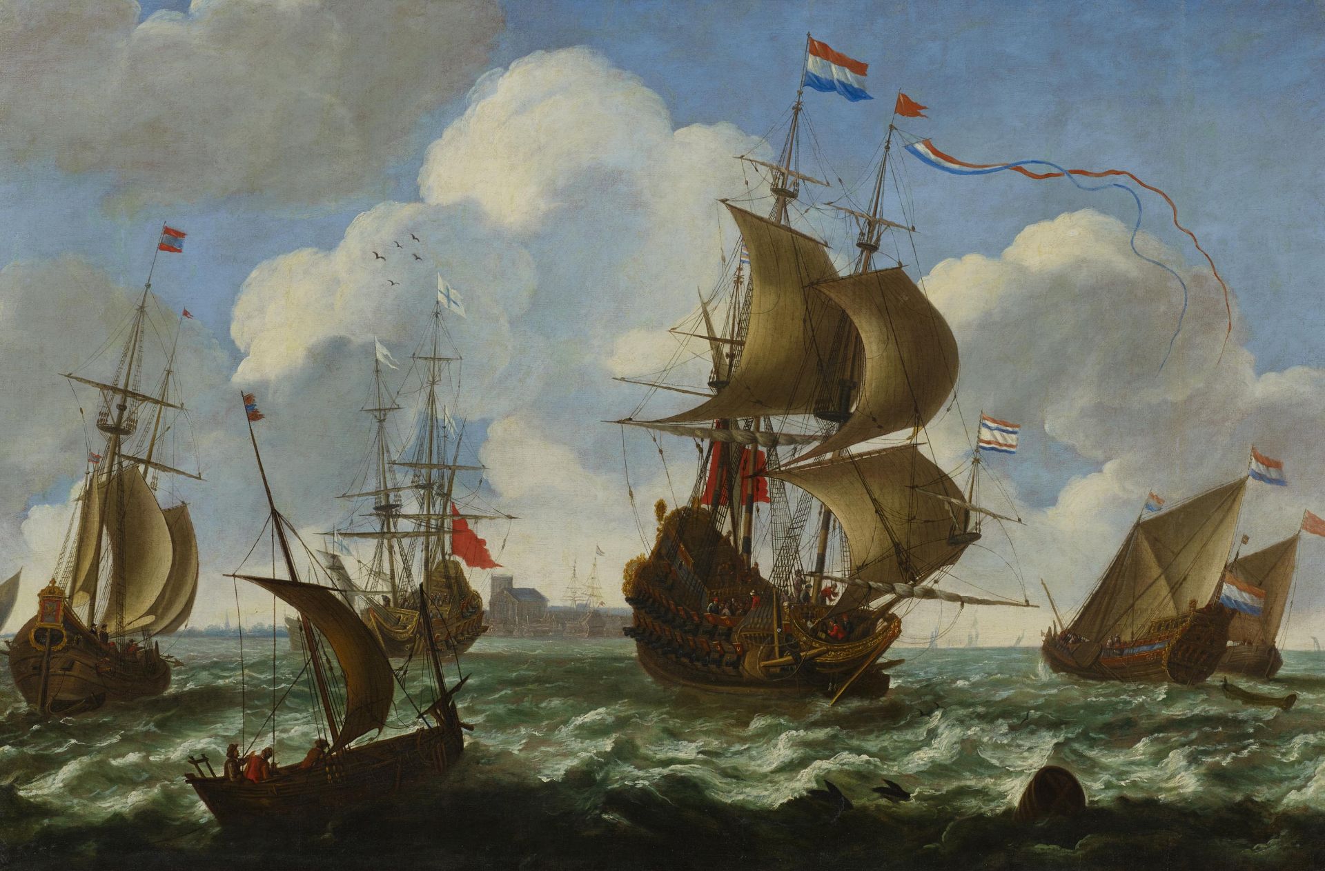 SMIT, AERNOUT1641 - 1710 AmsterdamCircleTitle: Marine. Dutch Frigates off the Coast. Technique: