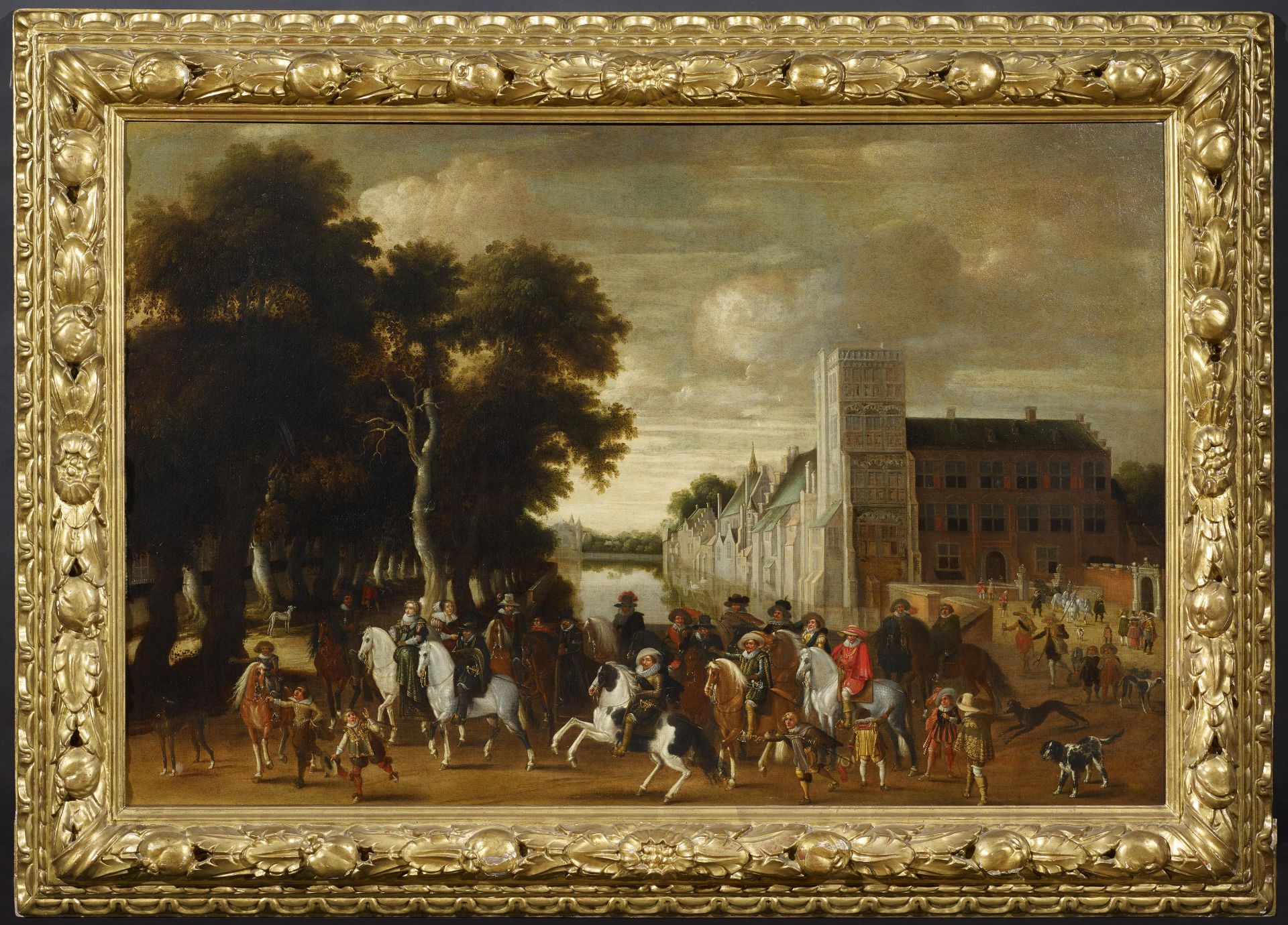 FLEMISH MASTER17th C.Title: Ride out for a Hunt. Elegant courtly company in the park in front of a - Bild 2 aus 4