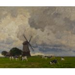KALLMORGEN, FRIEDRICH1856 Altona - 1924 GrötzingenTitle: Dutch Farm. Cattle grazing near a windmill.