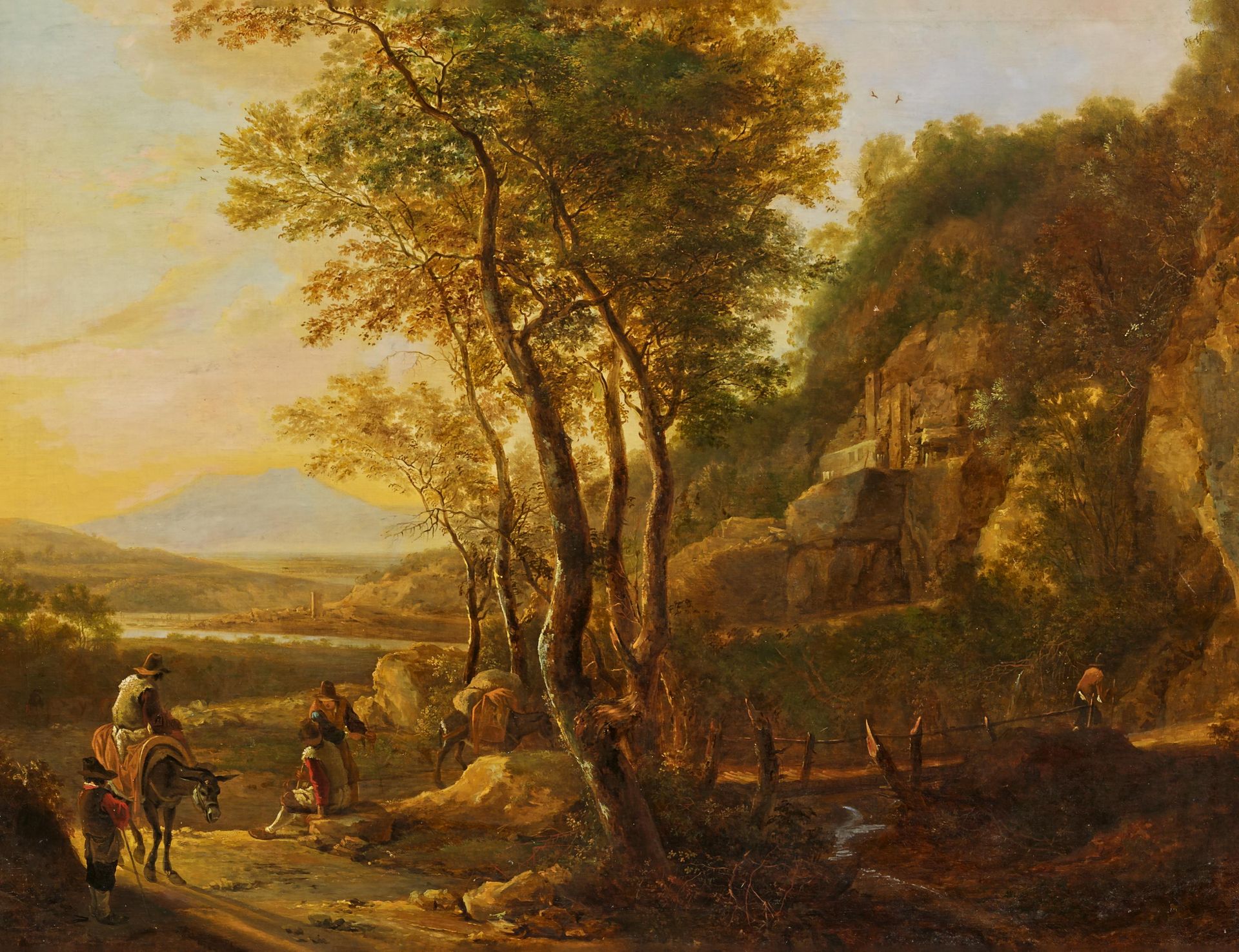 DUTCH MASTER17th / 18th C.Title: Italian River Scenery with Donkey Riders by a Stream. Technique: