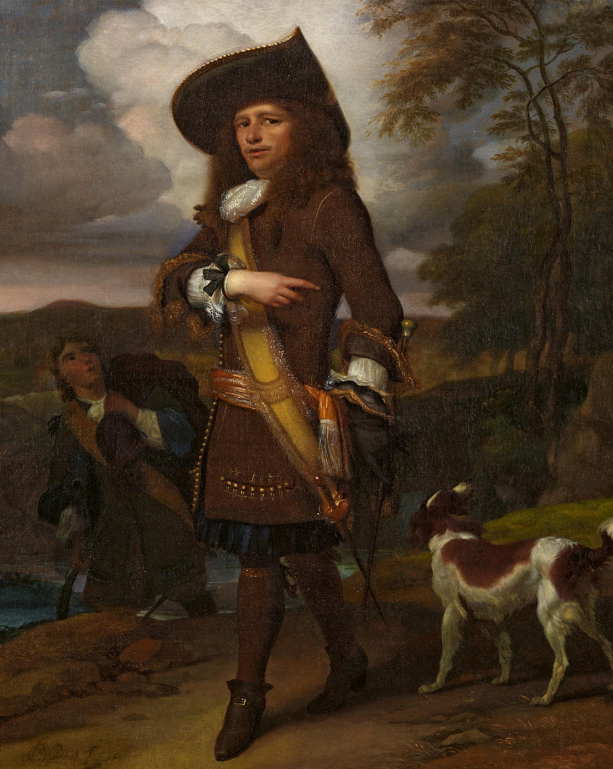 GRAAT, BARENDAmsterdam 1628 - 1708Title: Portrait of a Nobleman with Hunting Assistants and Hound.