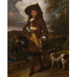 GRAAT, BARENDAmsterdam 1628 - 1708Title: Portrait of a Nobleman with Hunting Assistants and Hound.