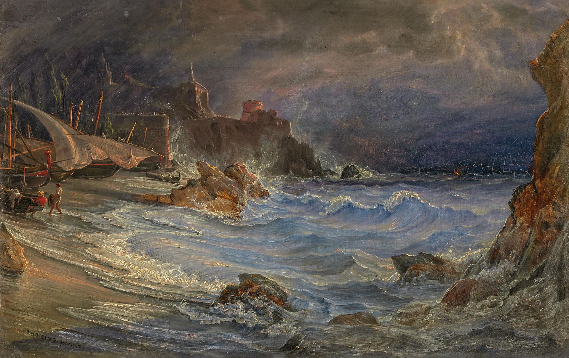 THÖMING, FRIEDRICH1802 Eckernförde - 1863 NaplesTitle: Thunderstorm at the Coast. Fishermen