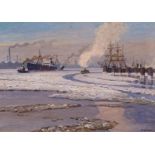 KALLMORGEN, FRIEDRICH1856 Altona - 1924 GrötzingenTitle: Winter Sun in the Harbour. Technique: Oil