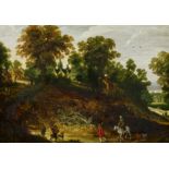 MOMPER, PHILIPPE DEAntwerp 1598 - 1634Title: Rider and Hiker in a Wooded Hilly Landscape. Technique: