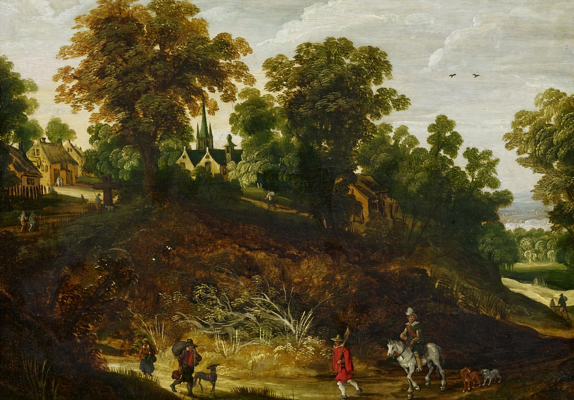 MOMPER, PHILIPPE DEAntwerp 1598 - 1634Title: Rider and Hiker in a Wooded Hilly Landscape. Technique: