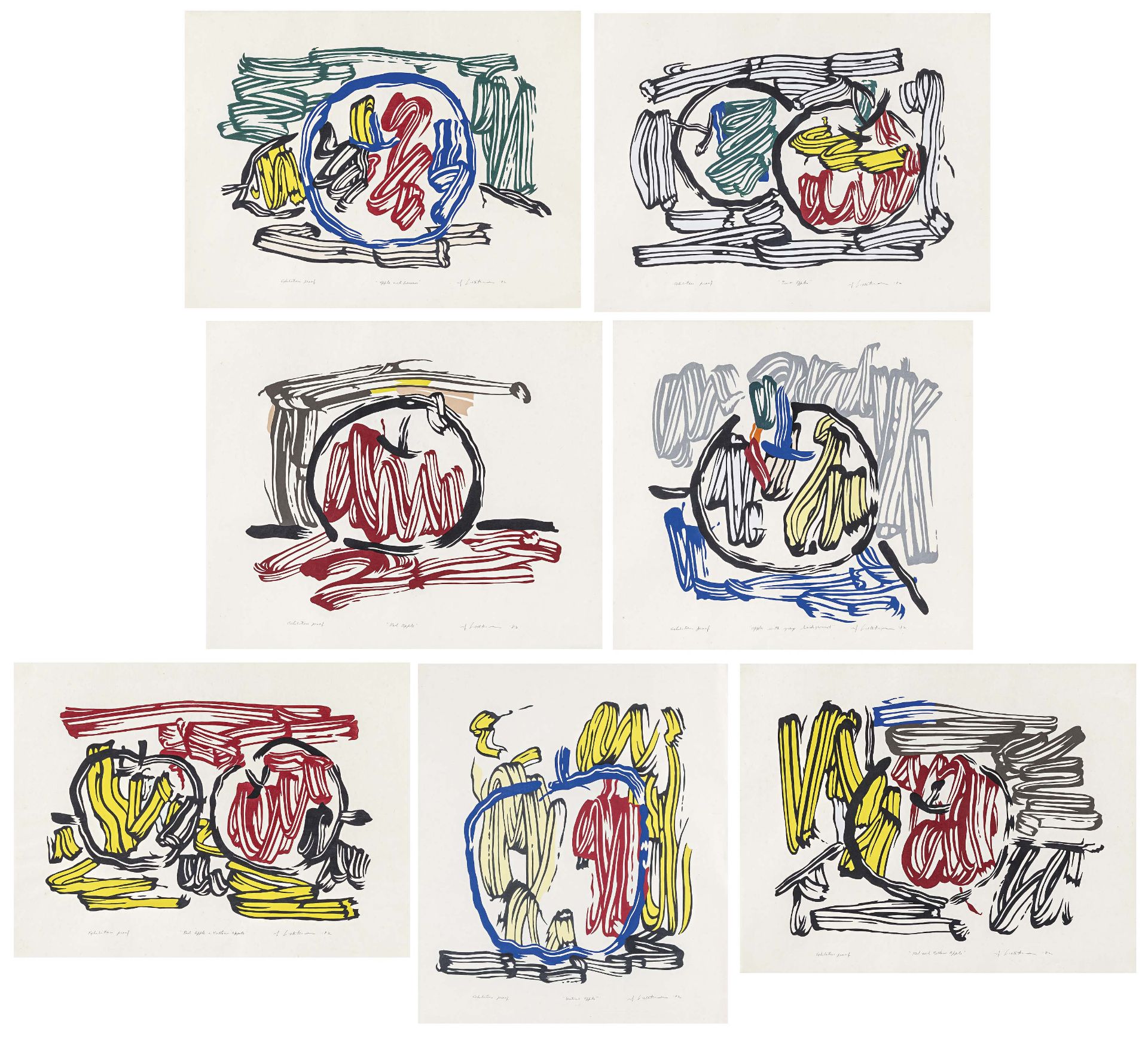 Lichtenstein, RoyNew York 1923 - 1997Seven Apple Woodcuts Series. 1982/83. Seven colour woodcuts