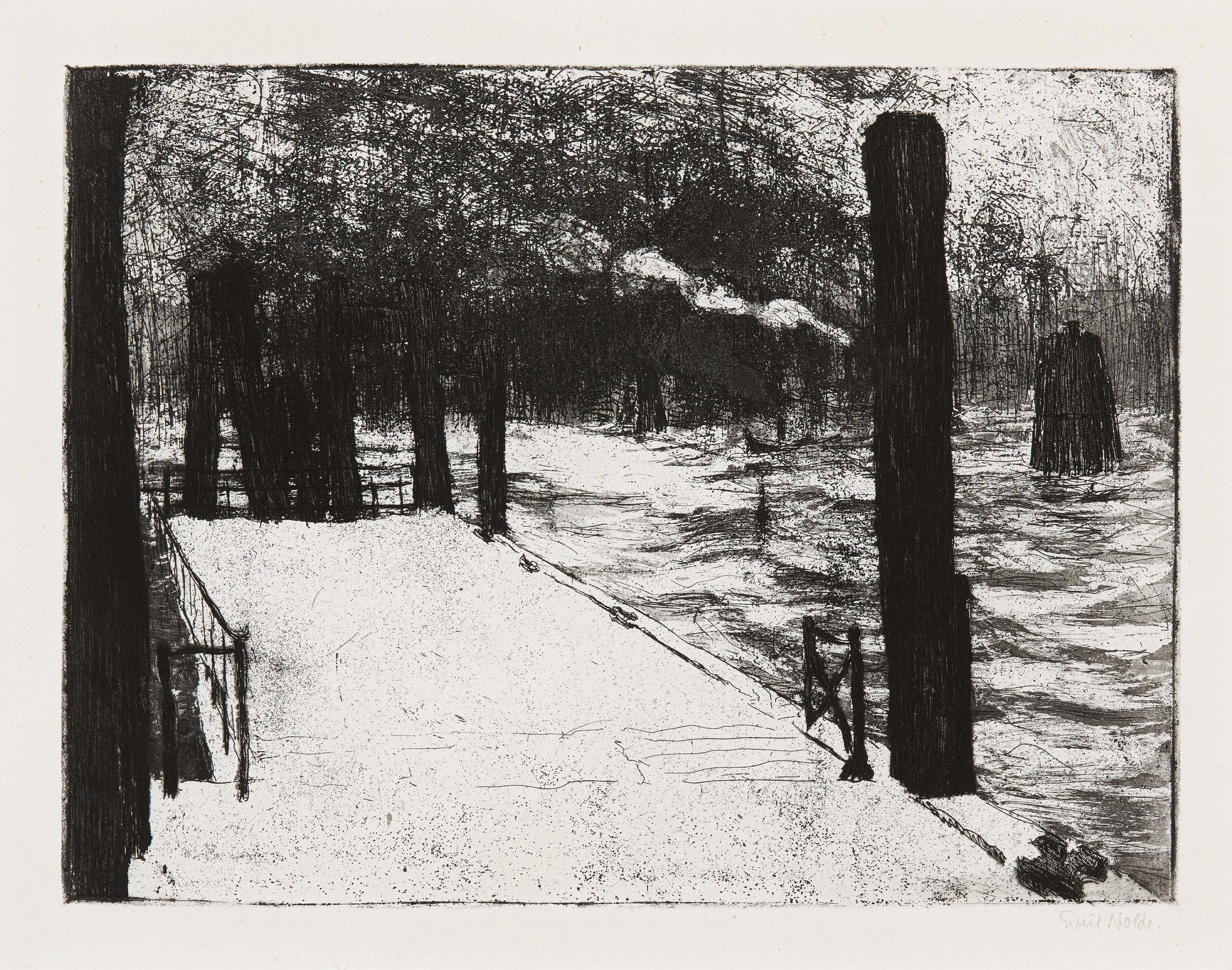 Nolde, Emil1867 Nolde - 1956 SeebüllHamburger Landungsbrücke. 1910. Etching on vellum. 31 x 41cm (