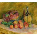 Purrmann, Hans1880 Speyer - 1966 BaselObststillleben mit Chiantiflasche. 1925. Oil on canvas. 60,5 x