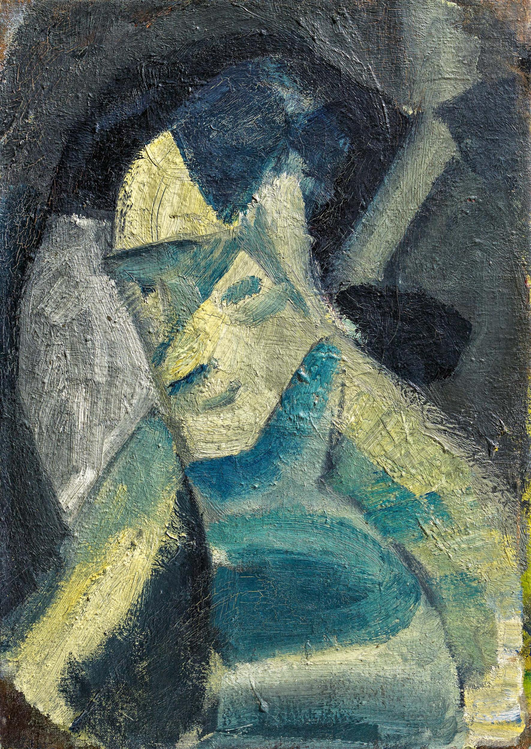 Kerkovius, Ida1879 Riga - 1970 Stuttgart"Abstrakter Kopf, grau-blau-gelb". 1931. Oil on canvas. 57 x