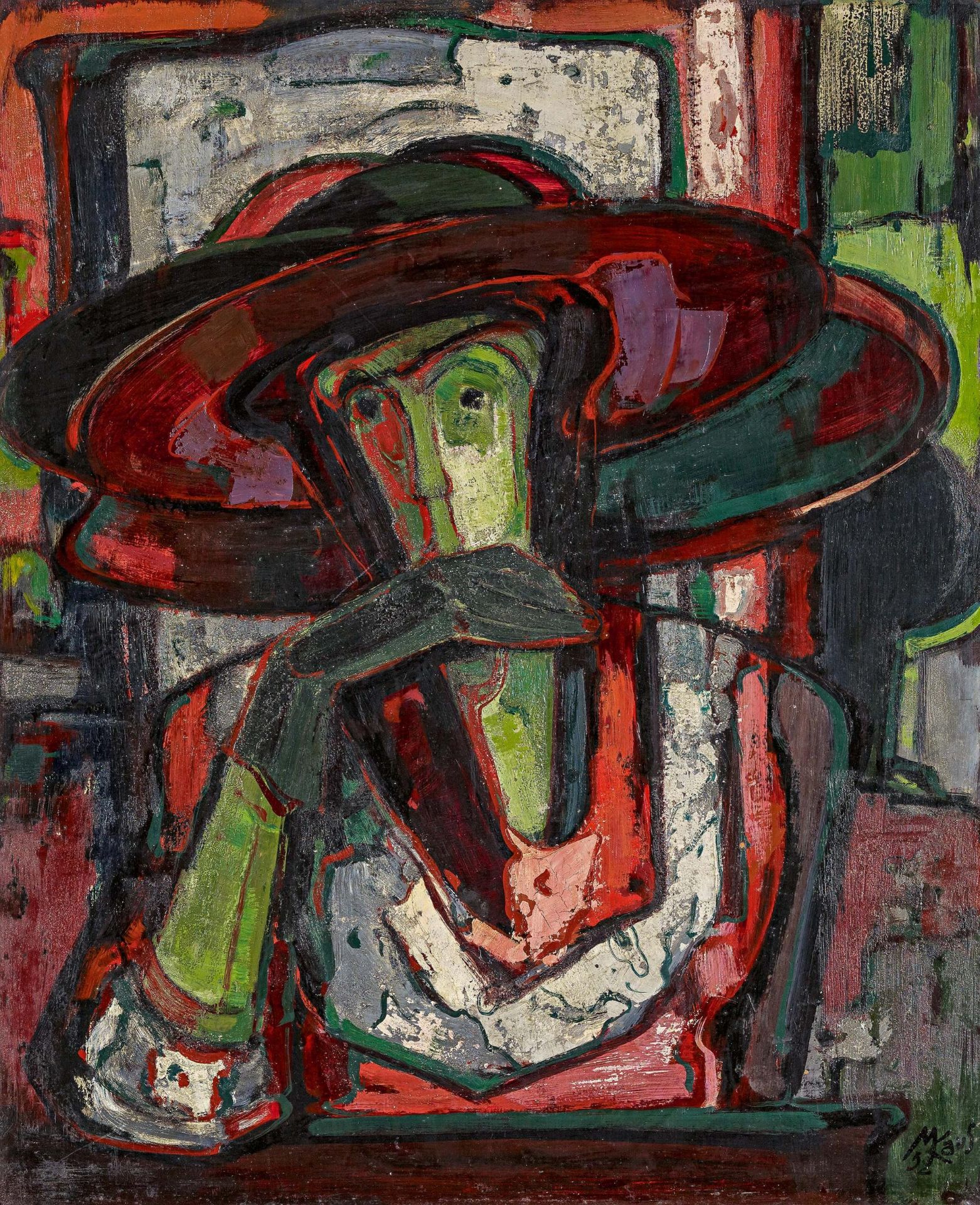 Kaus, MaxBerlin 1891 - 1977"Frau mit großem Hut". 1952. Oil on beaverboard. 90 x 74cm. Signed and