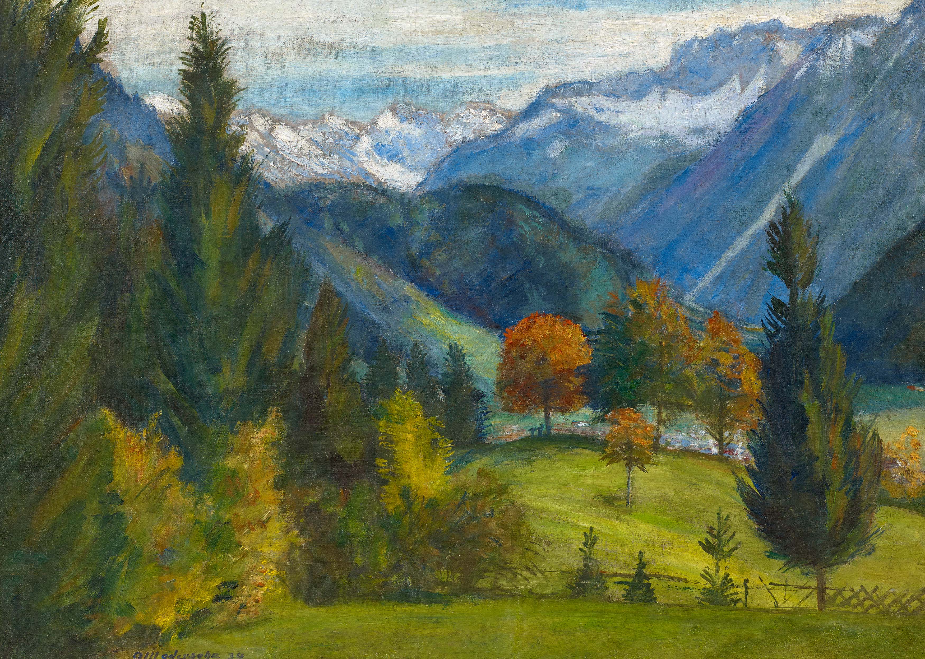 Modersohn, Otto1865 Soest - 1943 RotenburgBlick auf die Hintersteiner Berge. 1934. Oil on canvas.