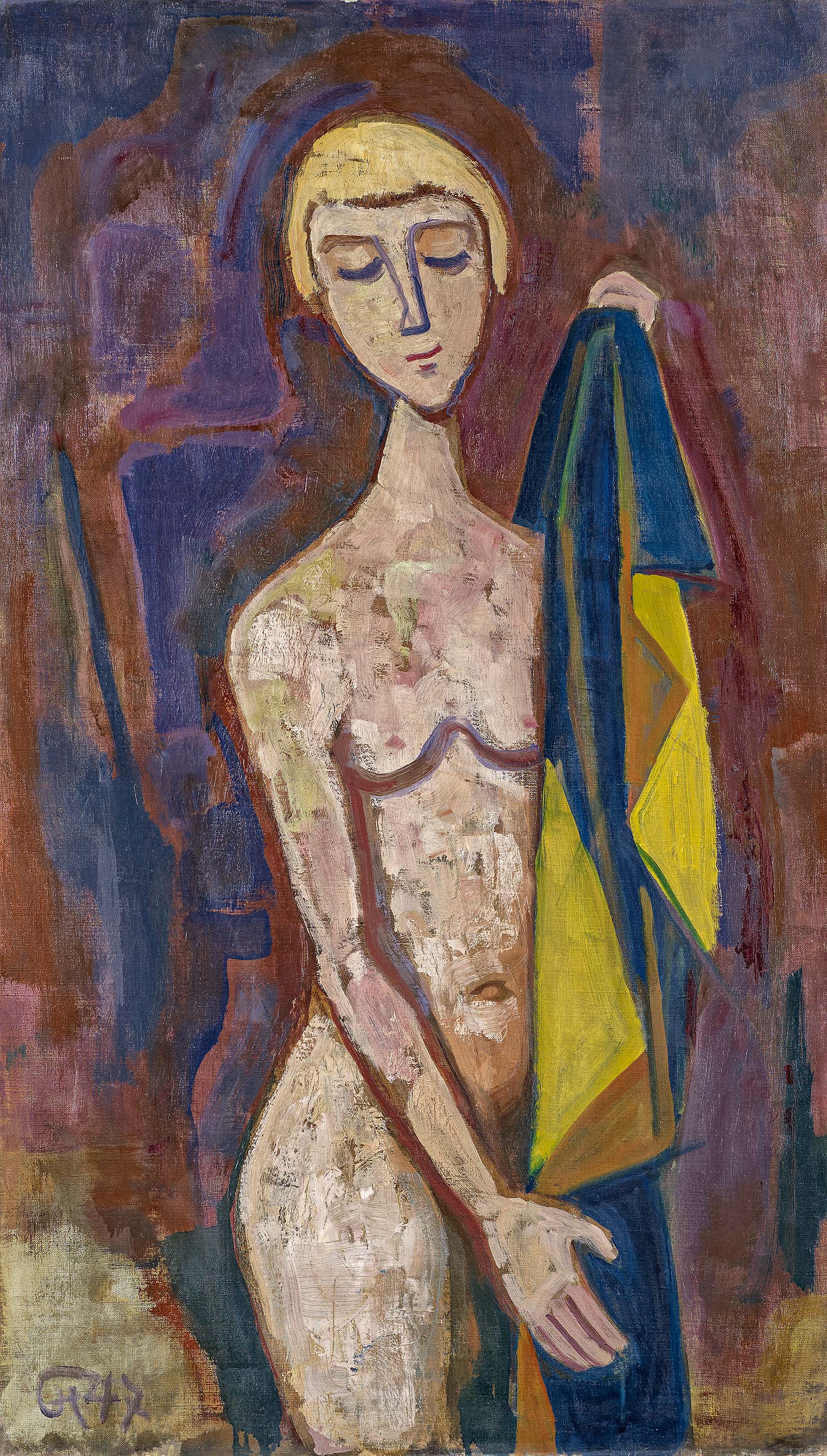 Hofer, Karl1878 Karlsruhe - 1955 BerlinMädchen mit Tuch. 1947. Oil on canvas. 93,5 x 55cm.