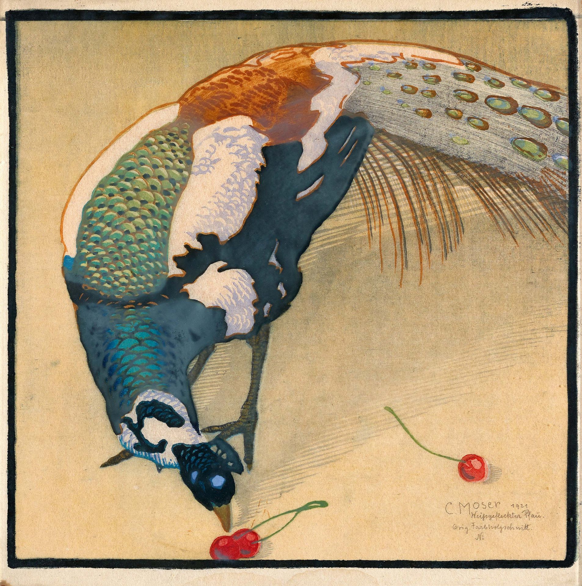 MOSER, CARLBozen 1873 - 1939Titel: Weißgefleckter Pfau (Pfau mit Kirschen). Datierung: 1921.