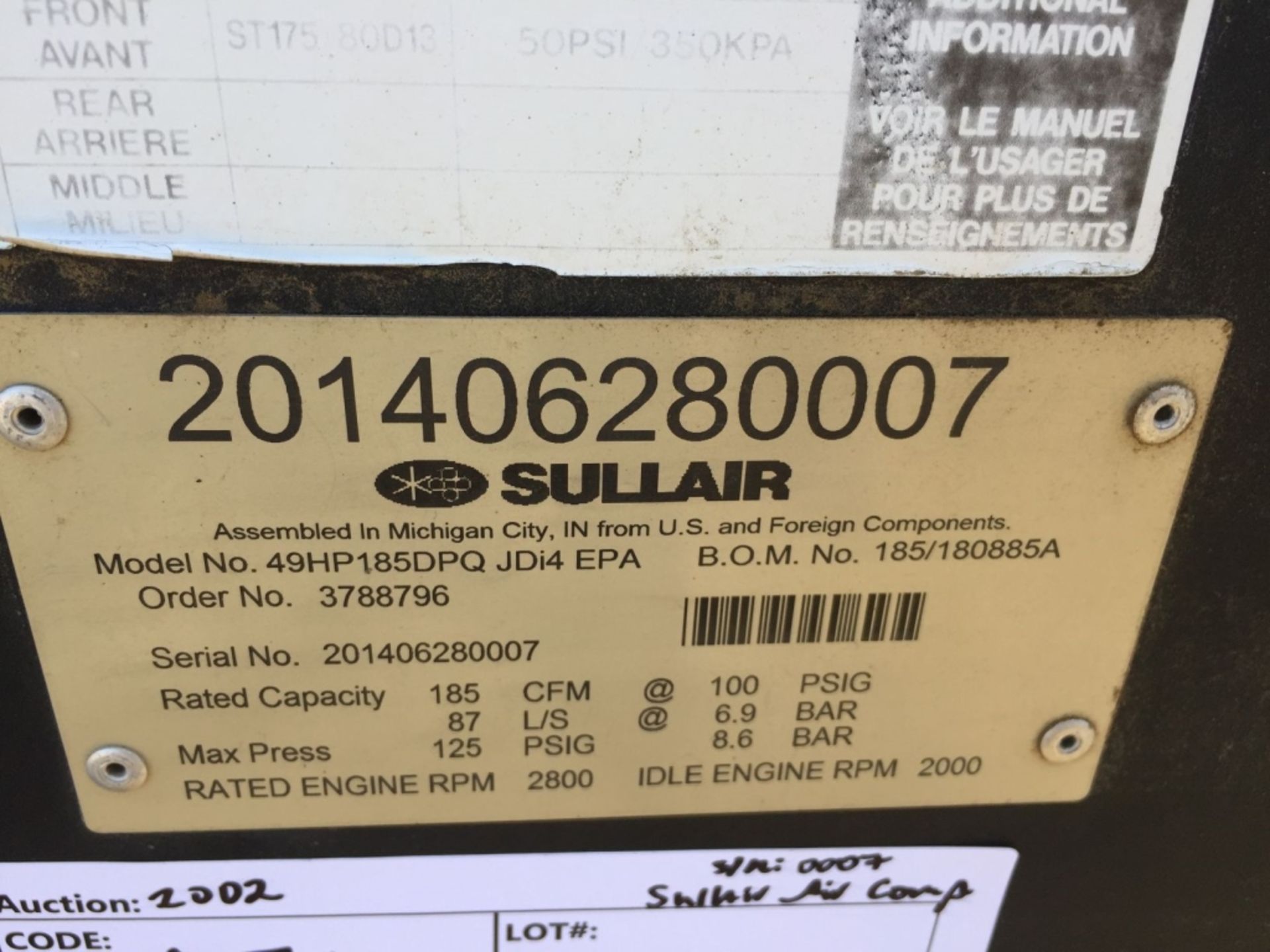 2014 Sullair 49HP185DPQ 185 CFM Air Compressor, - Image 14 of 14