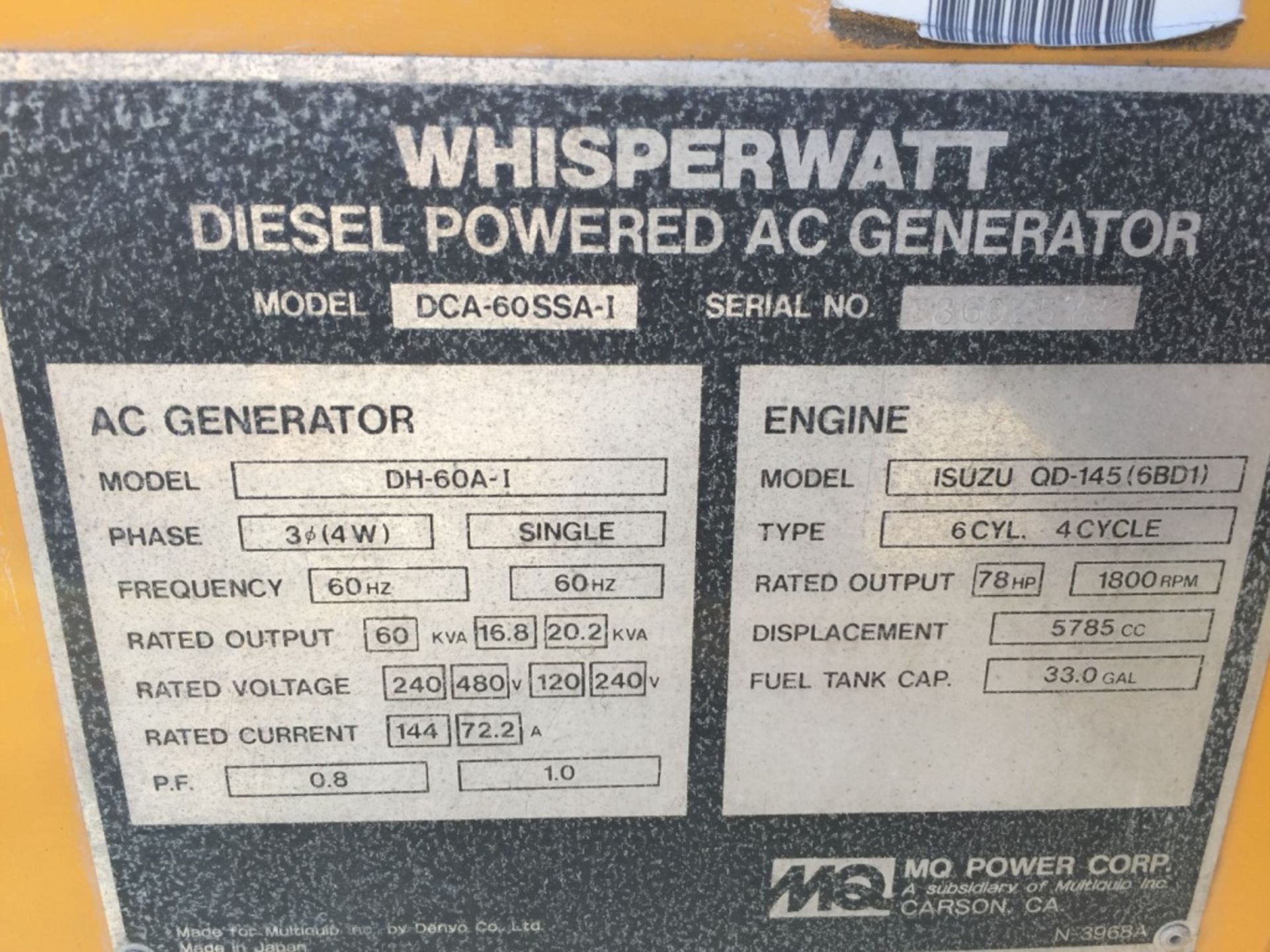 MultiQuip DCA60SSAI 60KVA AC Generator, - Image 14 of 16