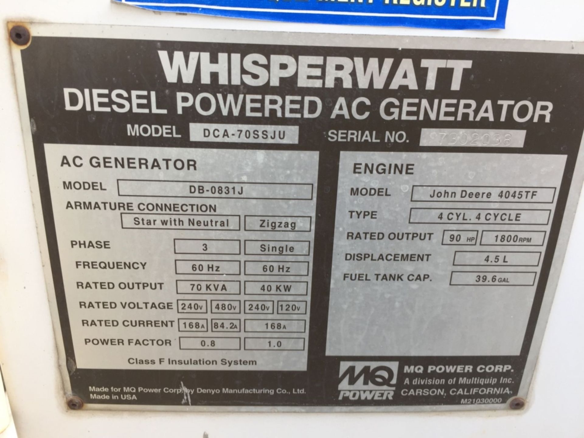 Whisperwatt DCA70SSJU 70 KVA Generator, - Image 16 of 18