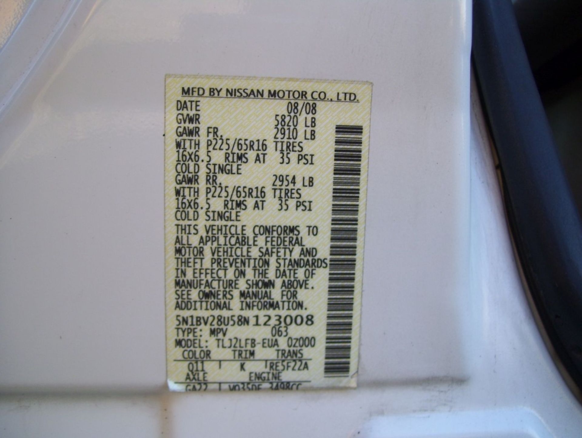 2008 Nissan Quest Mini Van, - Image 19 of 19