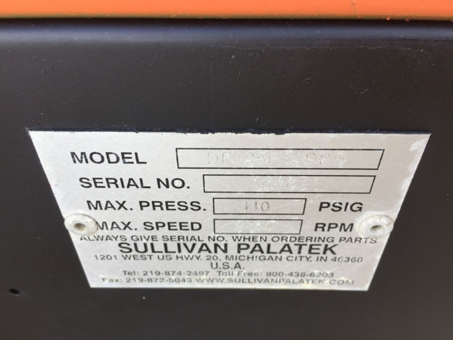 2013 Sullivan DP185P3JDSB 185 CFM Air Compressor, - Image 11 of 13