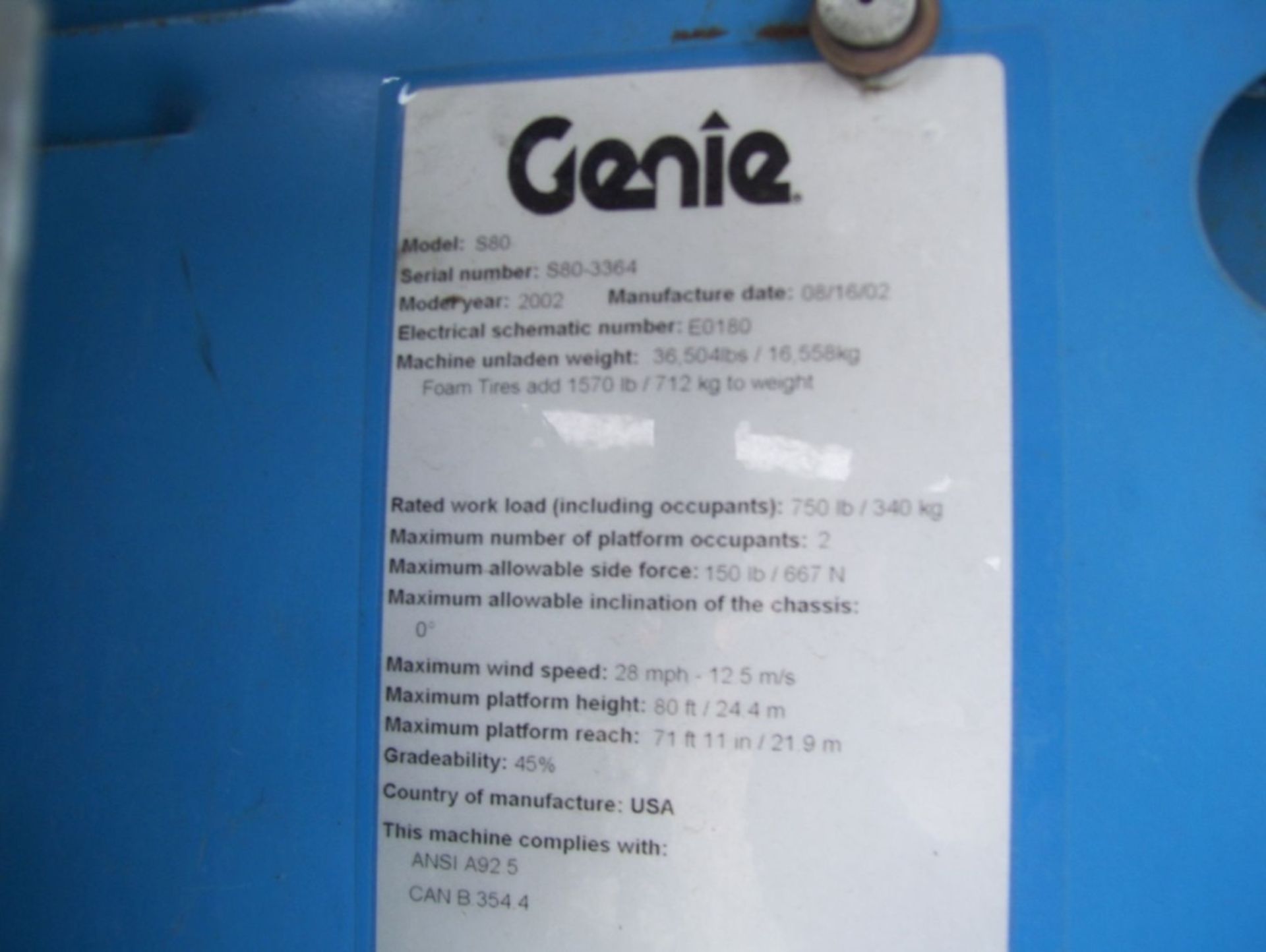 2002 Genie S80 Boom Lift, - Image 23 of 25