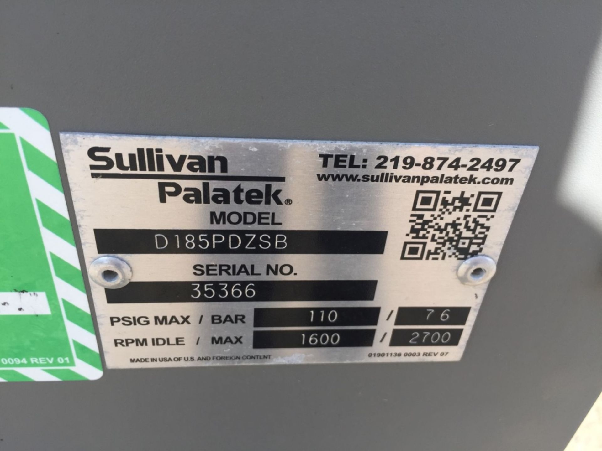 2018 Sullivan D185PDZSB 185 CFM Air Compressor, - Image 37 of 39