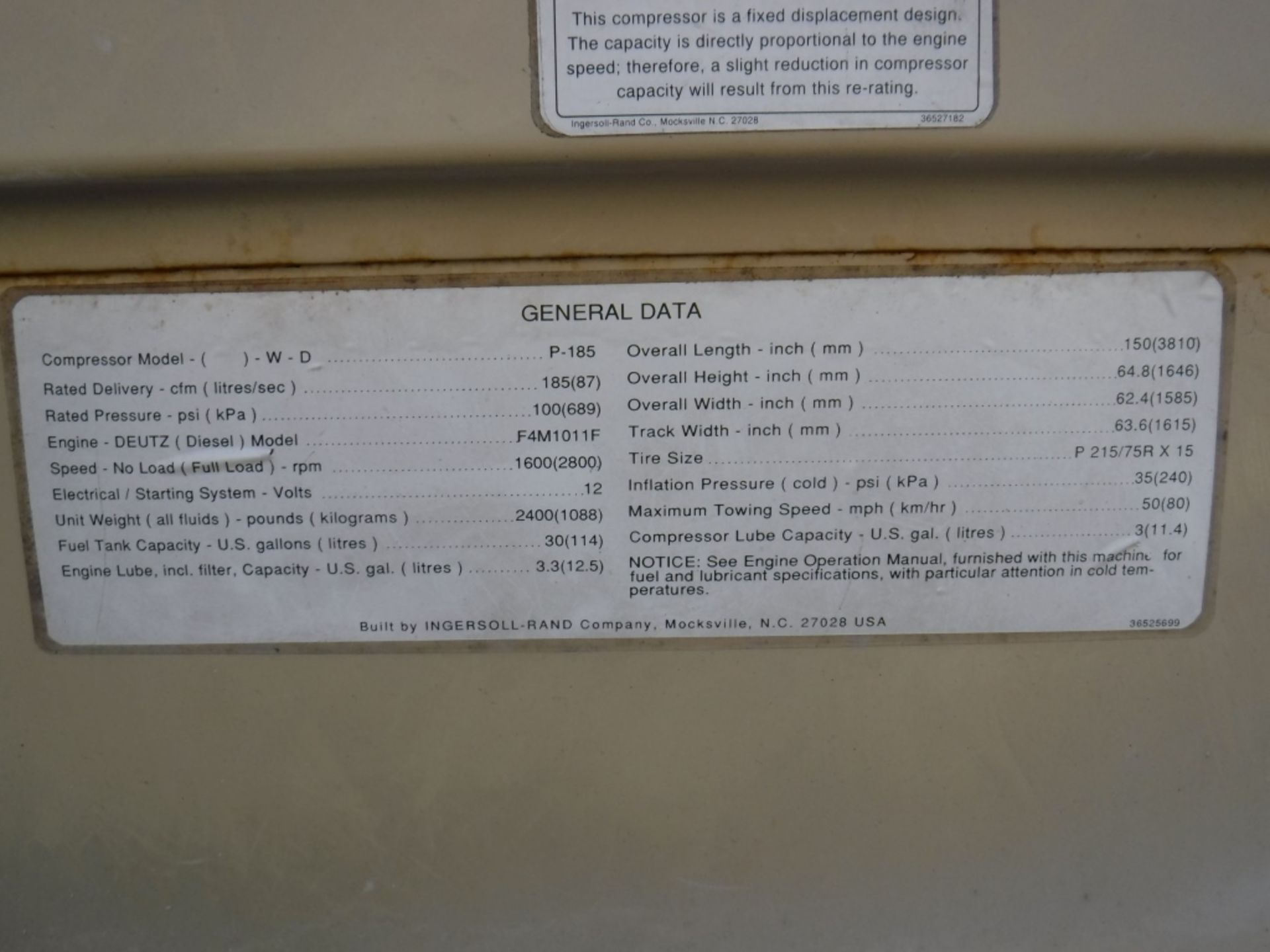 Ingersoll Rand P185WD 185 CFM Air Compressor, - Image 8 of 12