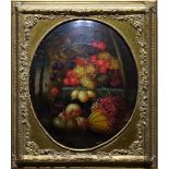 ovaal bolvormig paneel, 60 x 50, Stilleven met fruit, gesigneerd r.o. M. Poulos