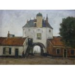 marouflé, 49,5 x 64,5, Zicht op de Vispoort te Harderwijk, omgeving Suze Robertson, circa 1900-1920