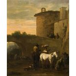 paneel, 46 x 38,5, Herders bij de brug, in de manier van Karel Dujardin