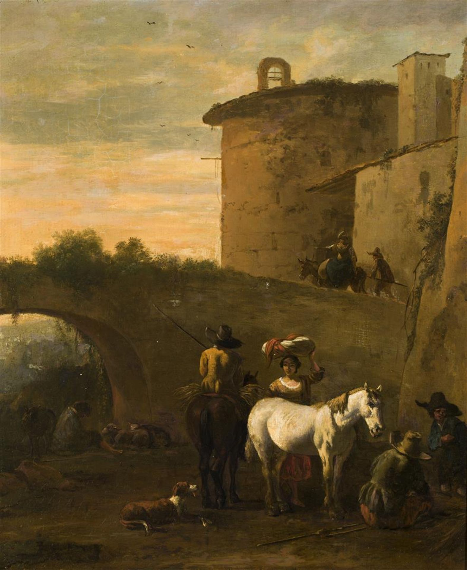 paneel, 46 x 38,5, Herders bij de brug, in de manier van Karel Dujardin