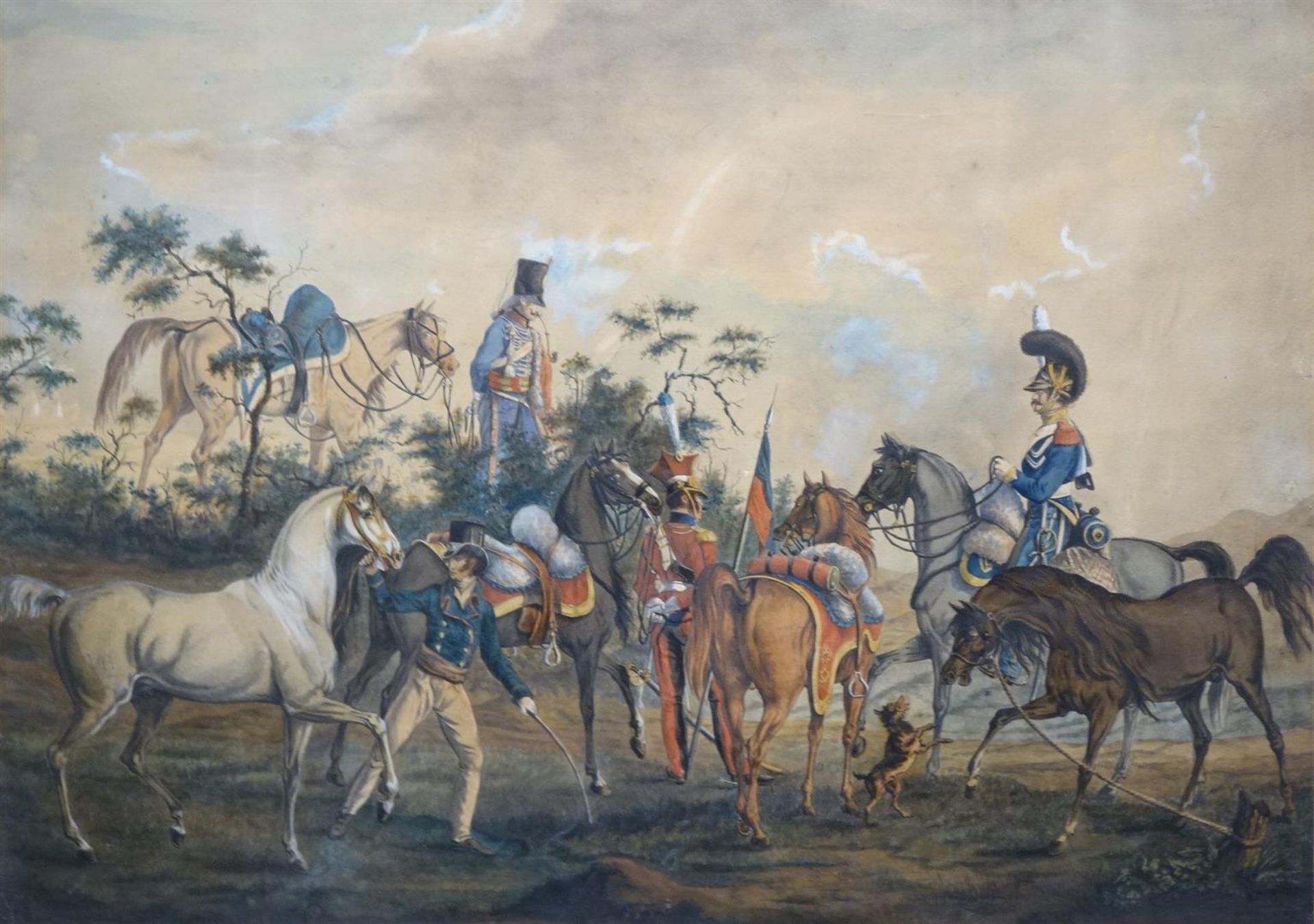 aquarel, 46 x 65, Franse Cavalerie, gesigneerd met initialen VH op paard links<