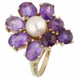 Cocktail ring yellow gold, amethyst and pearl - 14 ct.