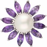 Rosette ring white gold, amethyst and pearl - 14 ct.