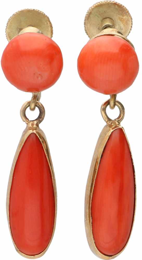 Earrings yellow gold, red coral - 14 ct.