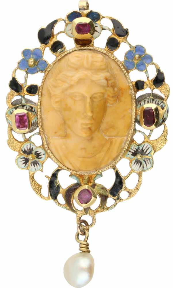 Cameo pendant/brooch yellow gold, ivory, ruby, pearl and enamel - 14 ct.