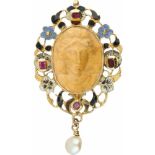 Cameo pendant/brooch yellow gold, ivory, ruby, pearl and enamel - 14 ct.