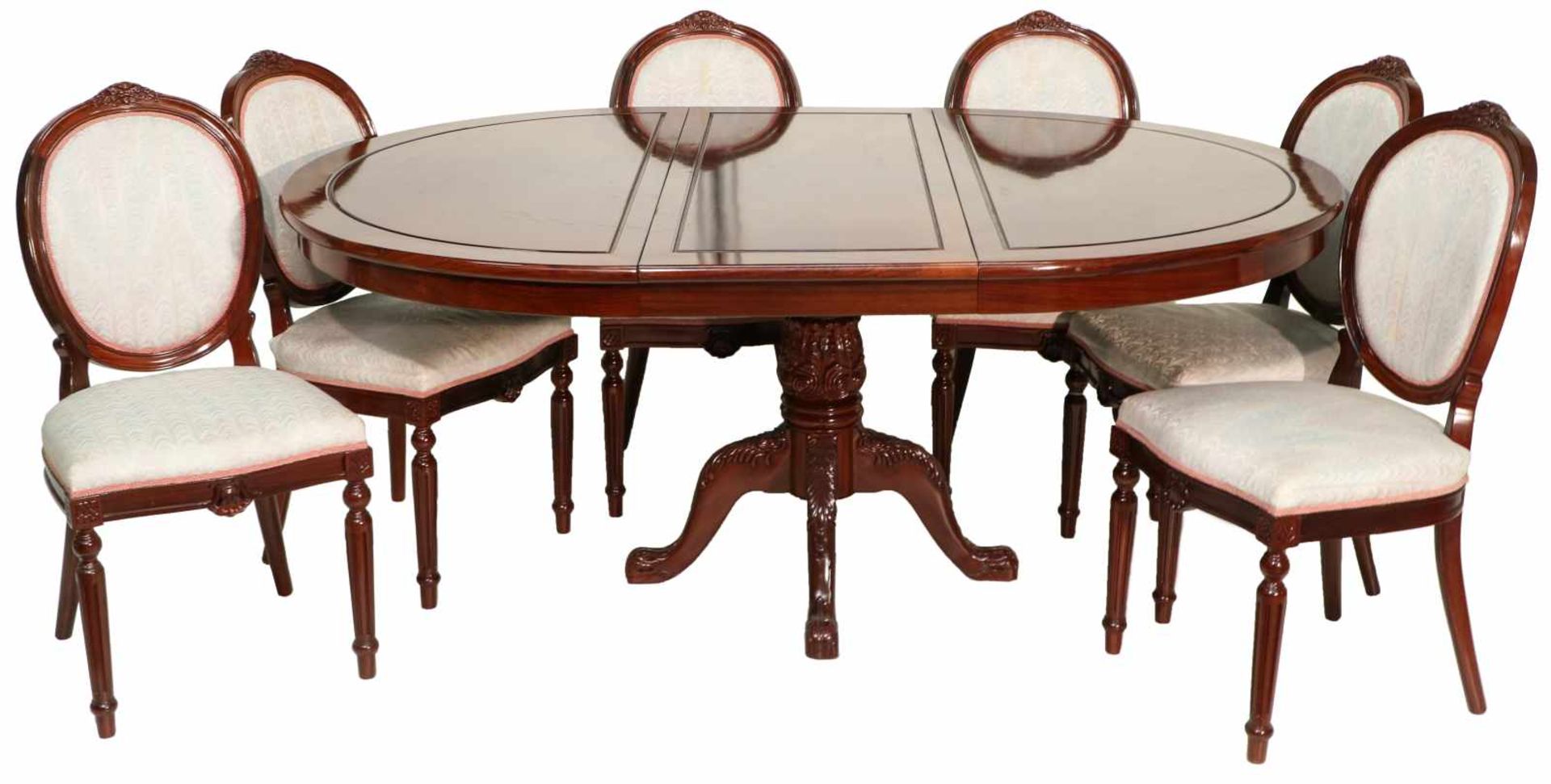 A mahogany extendable table with (6) matching chairs, after earlier example.