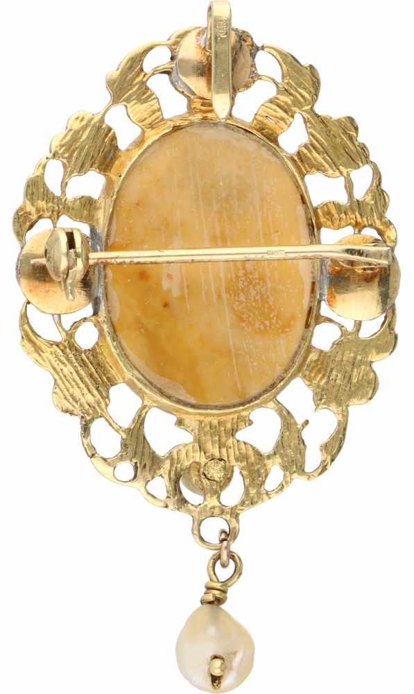 Cameo pendant/brooch yellow gold, ivory, ruby, pearl and enamel - 14 ct. - Image 2 of 3