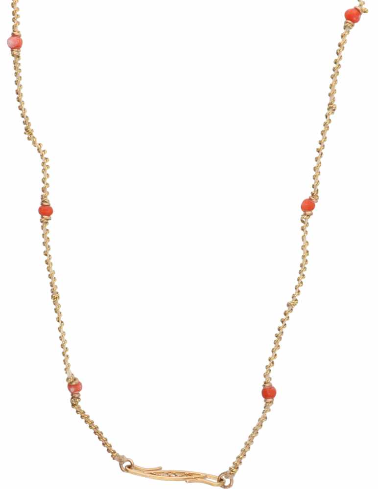 Filigree necklace gold/silver, red coral, moonstone and black enamelled - 14 ct. and 835/1000. - Image 2 of 3