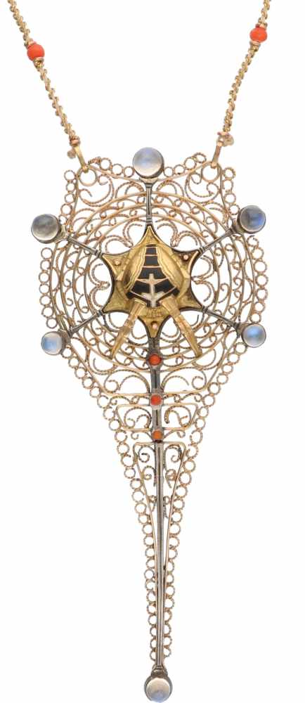 Filigree necklace gold/silver, red coral, moonstone and black enamelled - 14 ct. and 835/1000.