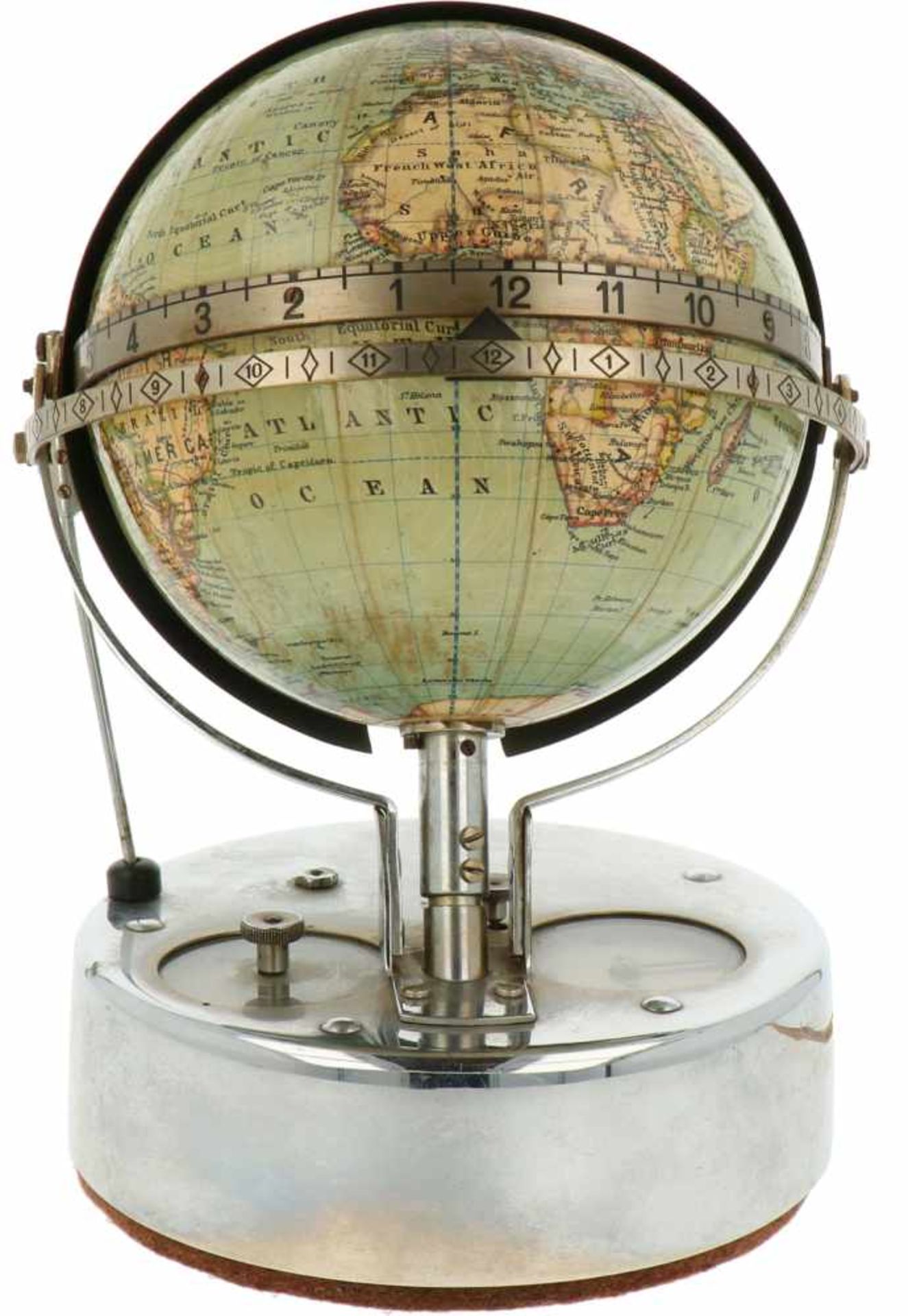 A table globe clock, electric wired. Germany, First half 20th century.