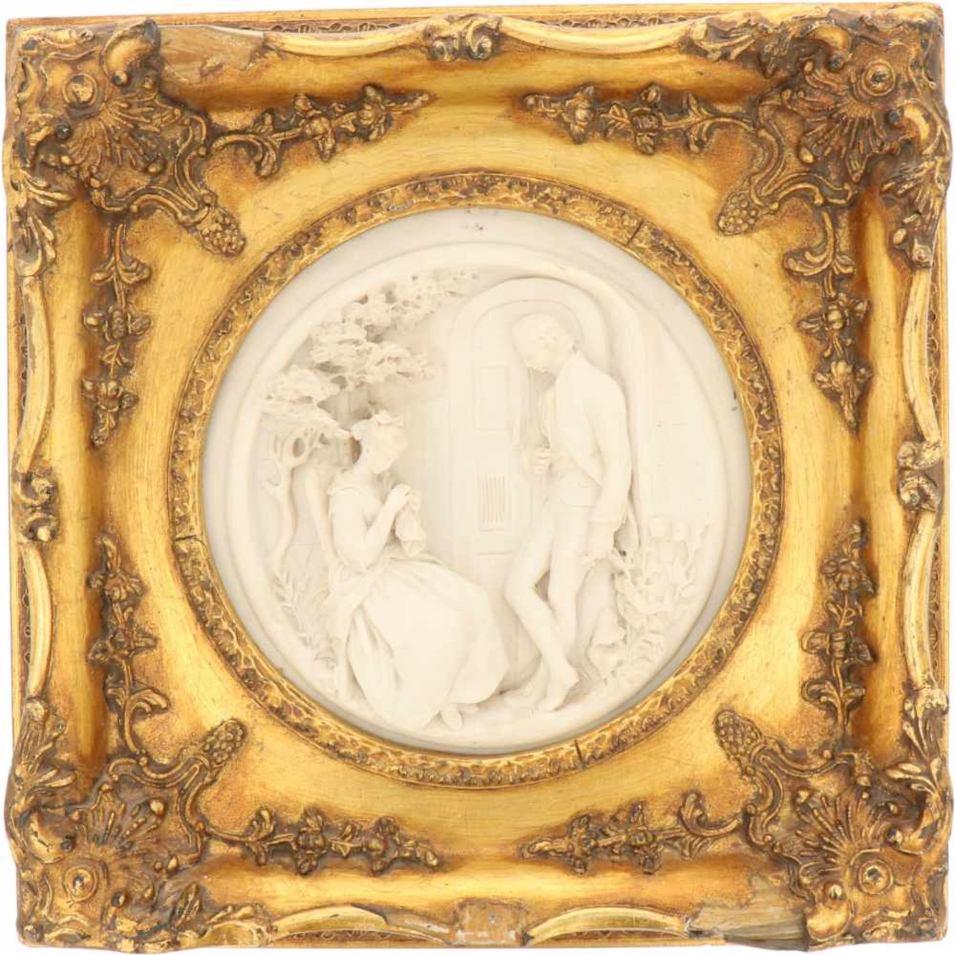 A marble resin plaque with 19th century depiction of a lady and a gentleman. At the back stamped: '