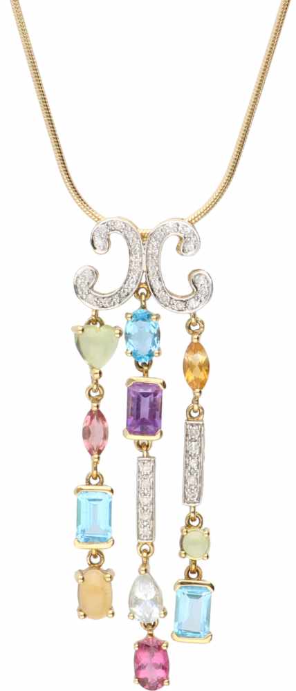 Jandjira' necklace yellow gold, ca. 0.18 carat diamond and various gems - 18 ct.