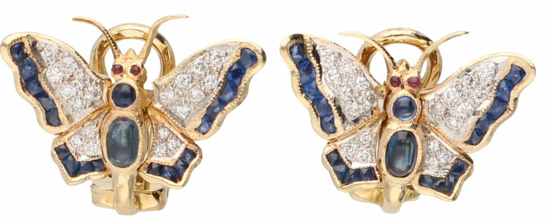 Flexibel butterfly earrings yellow gold, ca. 0.20 carat diamond, sapphire and ruby - 14 ct.