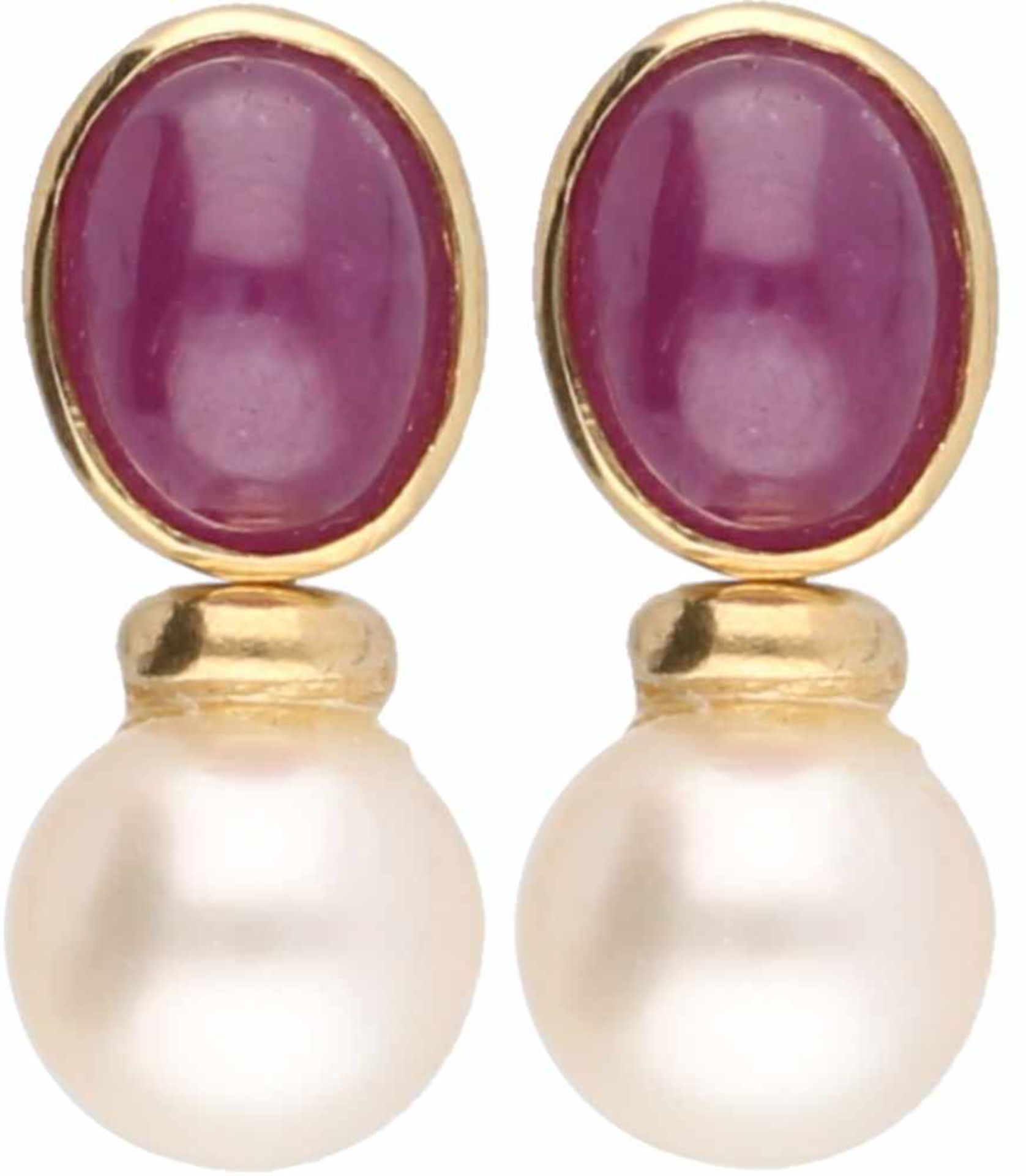 Earrings yellow gold, ruby and cultured pearl - 18 ct.