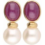 Earrings yellow gold, ruby and cultured pearl - 18 ct.