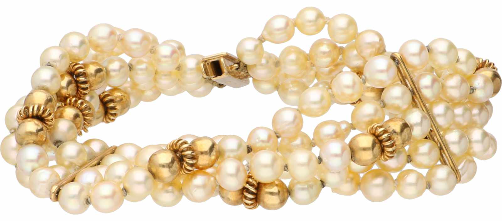 Bracelet met yellow gold with closure and segments, cultured pearl - 18 ct.