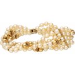 Bracelet met yellow gold with closure and segments, cultured pearl - 18 ct.